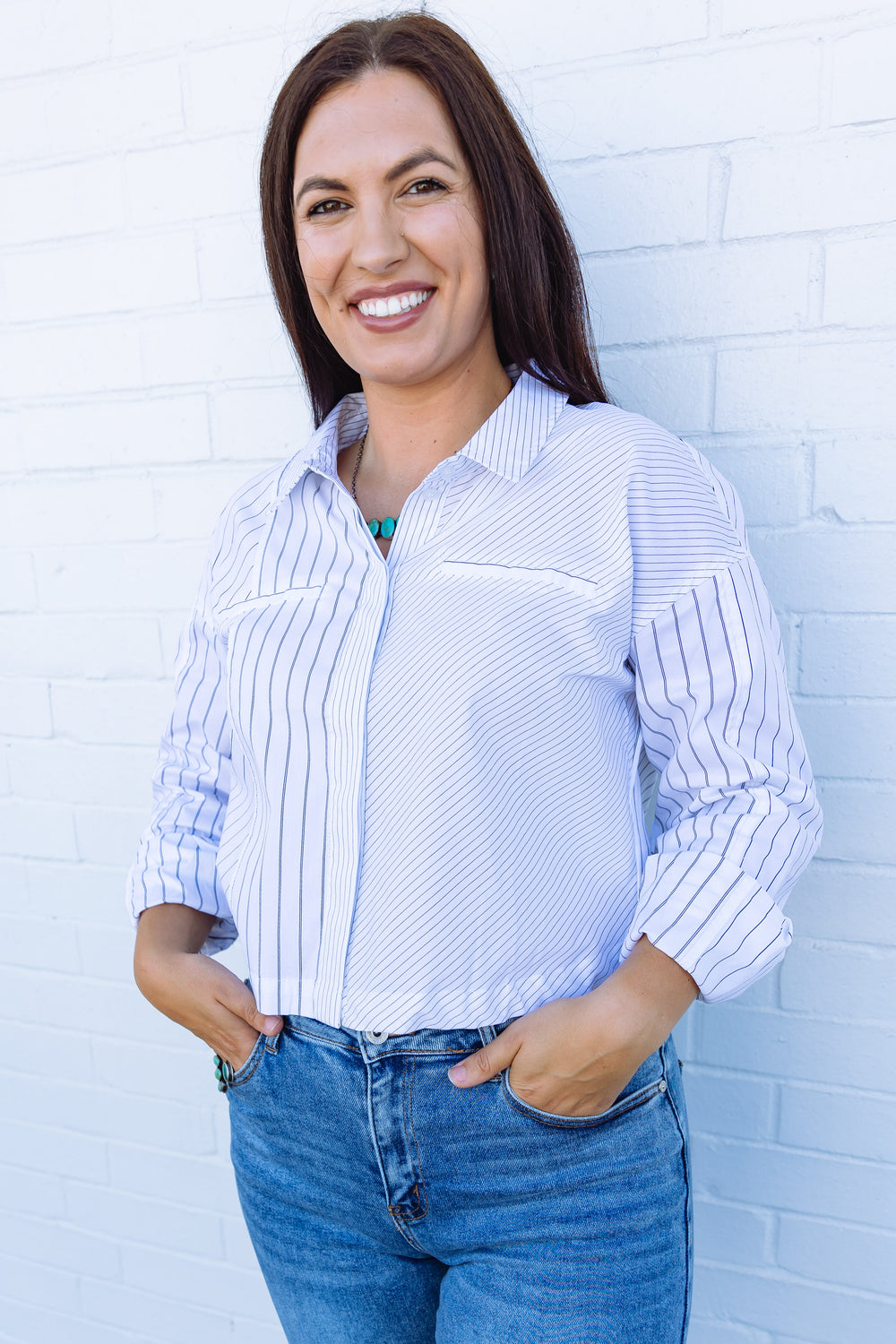 The Cropped Arianna Striped Button Down