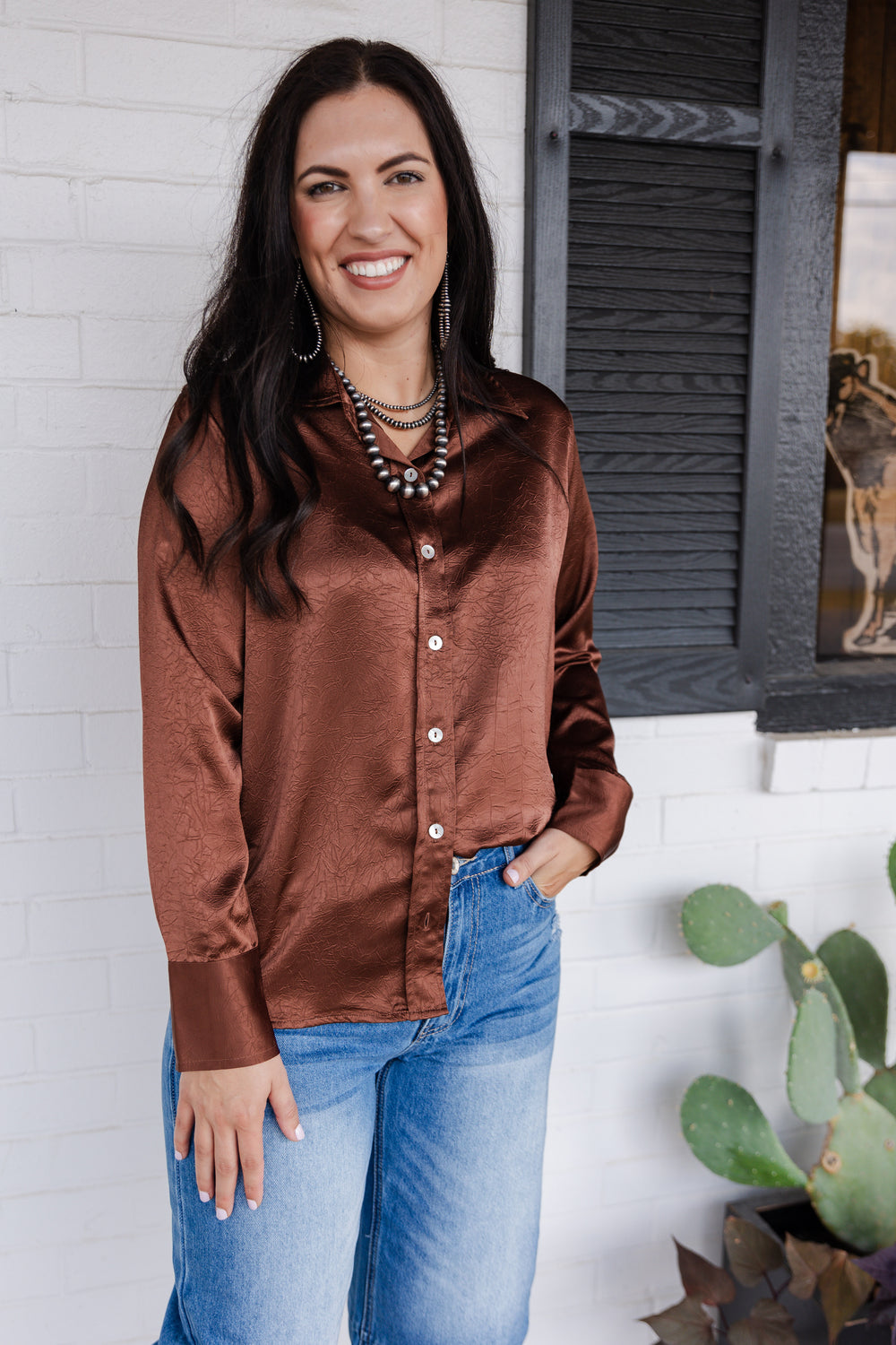 Crushed Satin Rust Button Down