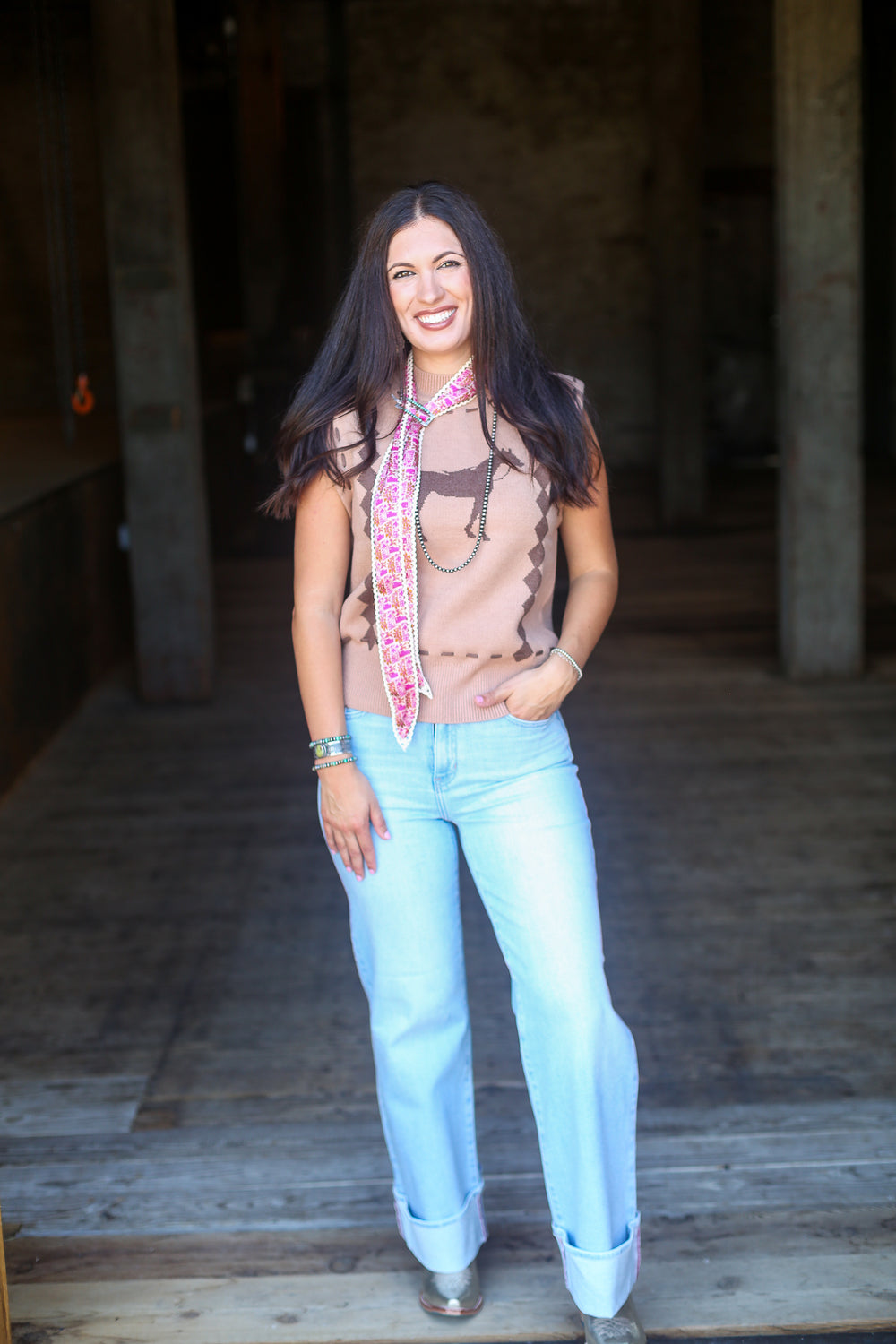 Camel Buckstitch Horse Sleeveless Sweater