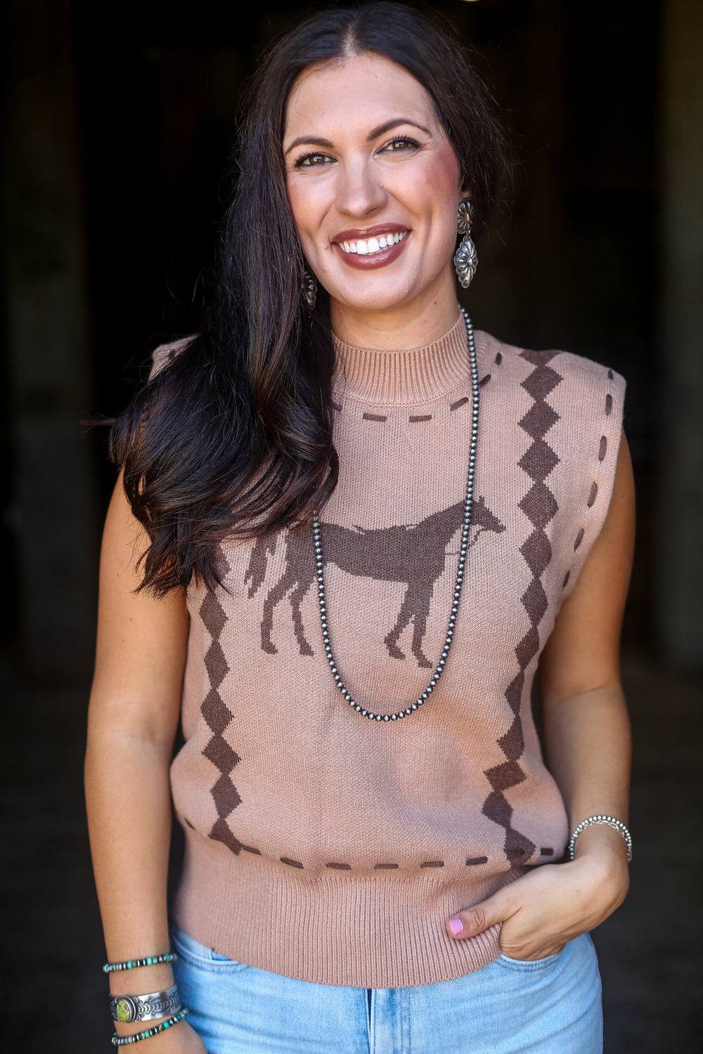 Camel Buckstitch Horse Sleeveless Sweater