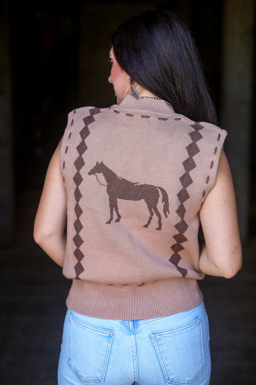 Camel Buckstitch Horse Sleeveless Sweater