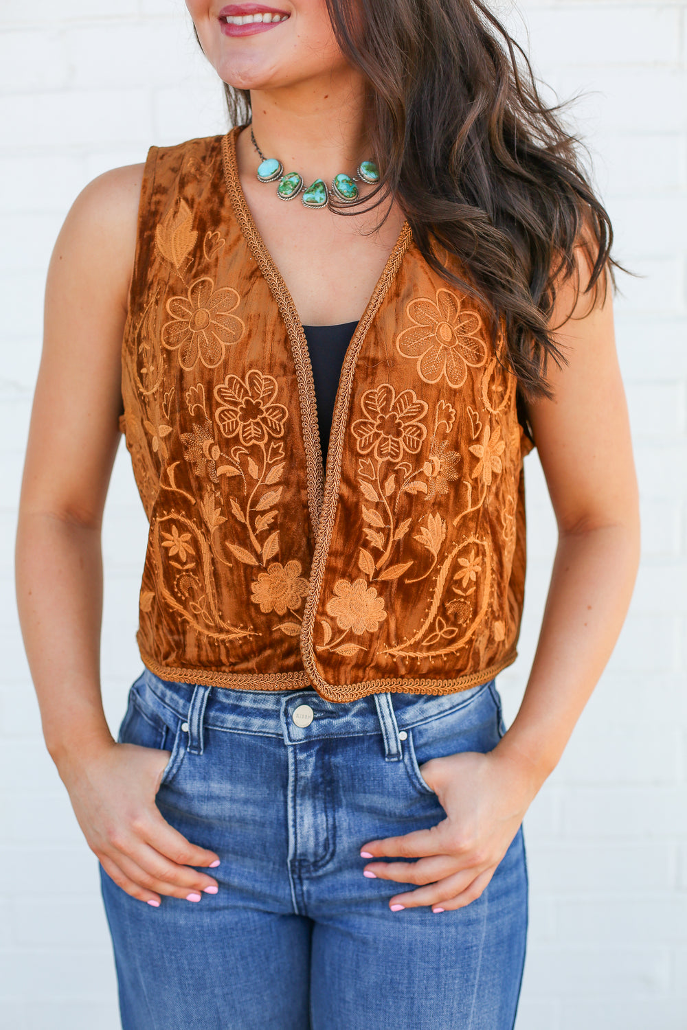 Camel Embroidered Velvet Vest