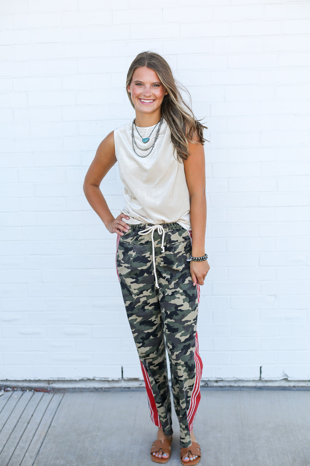 Camo & Red Stripe Straight Pants