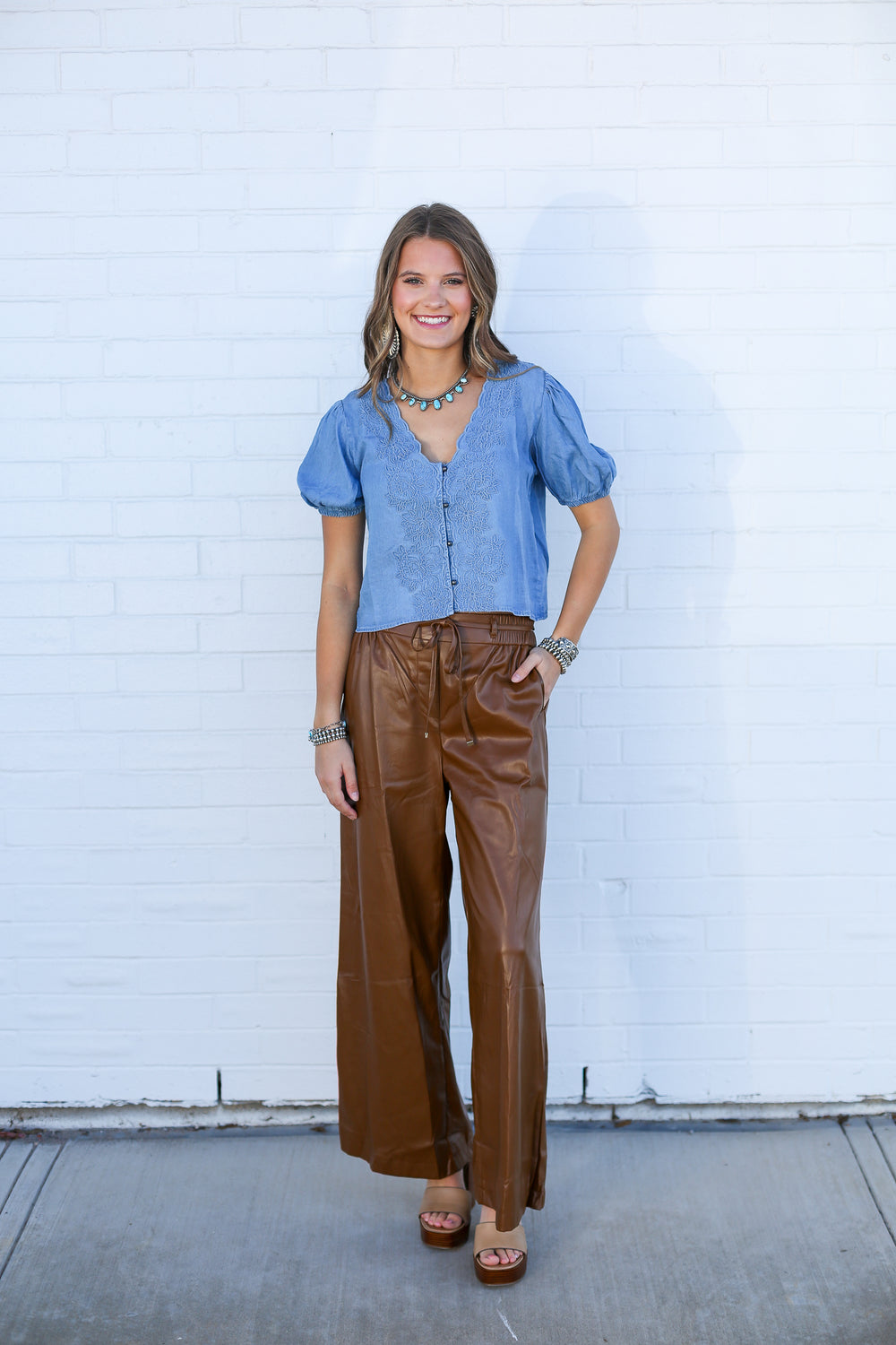 Chambray Rose Embroidery Button Down Blouse