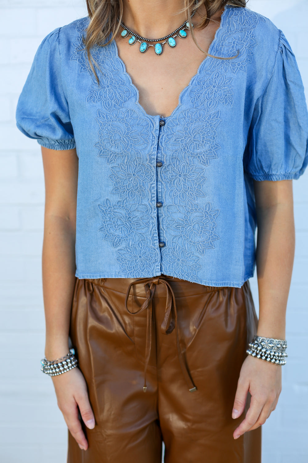 Chambray Rose Embroidery Button Down Blouse