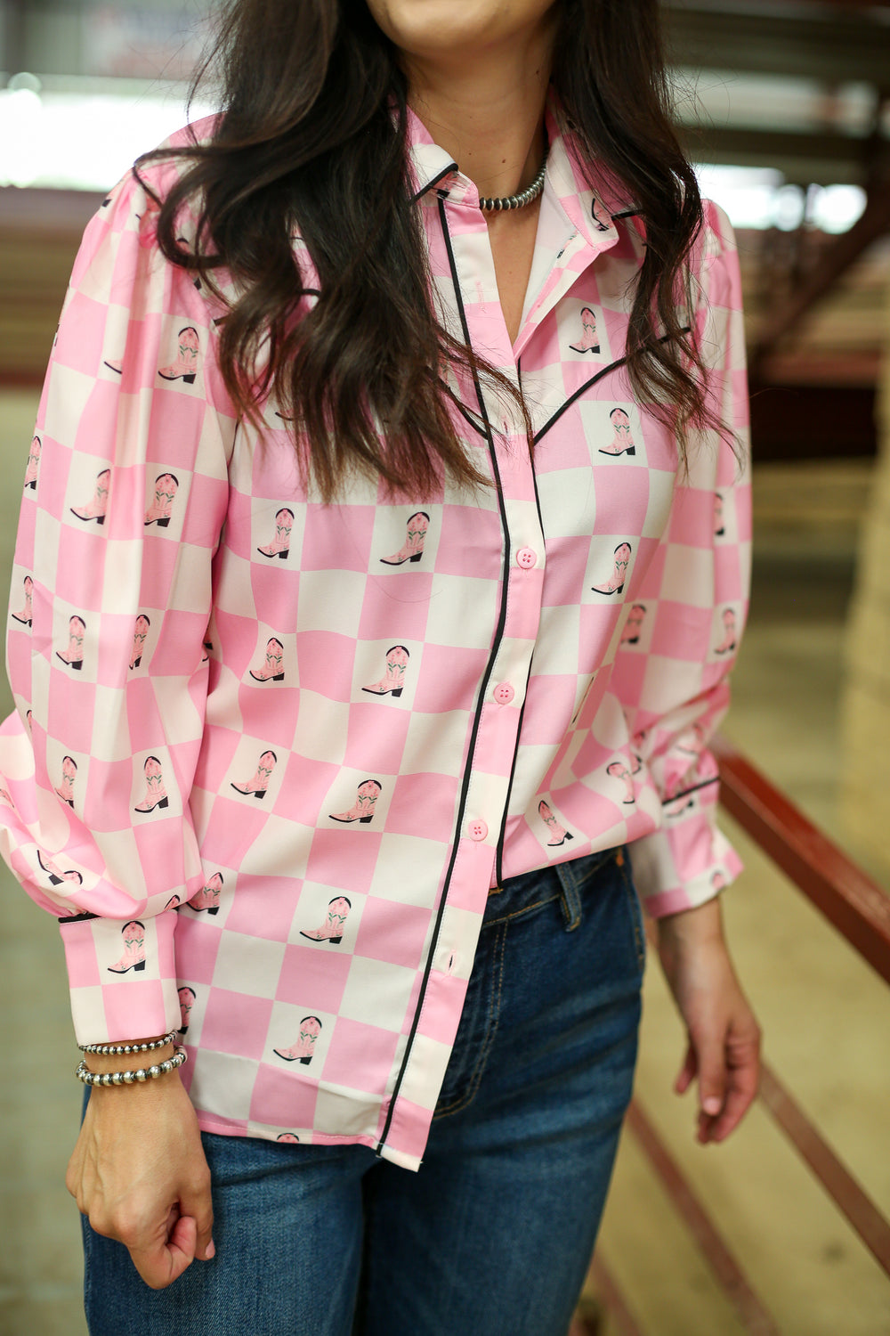 Checkered Boots & Blooms Button Down