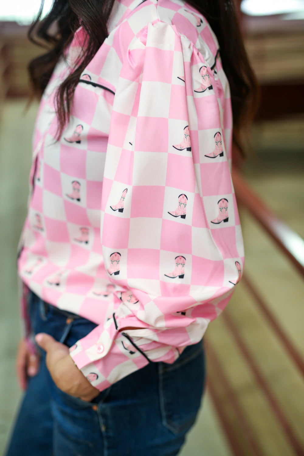 Checkered Boots & Blooms Button Down