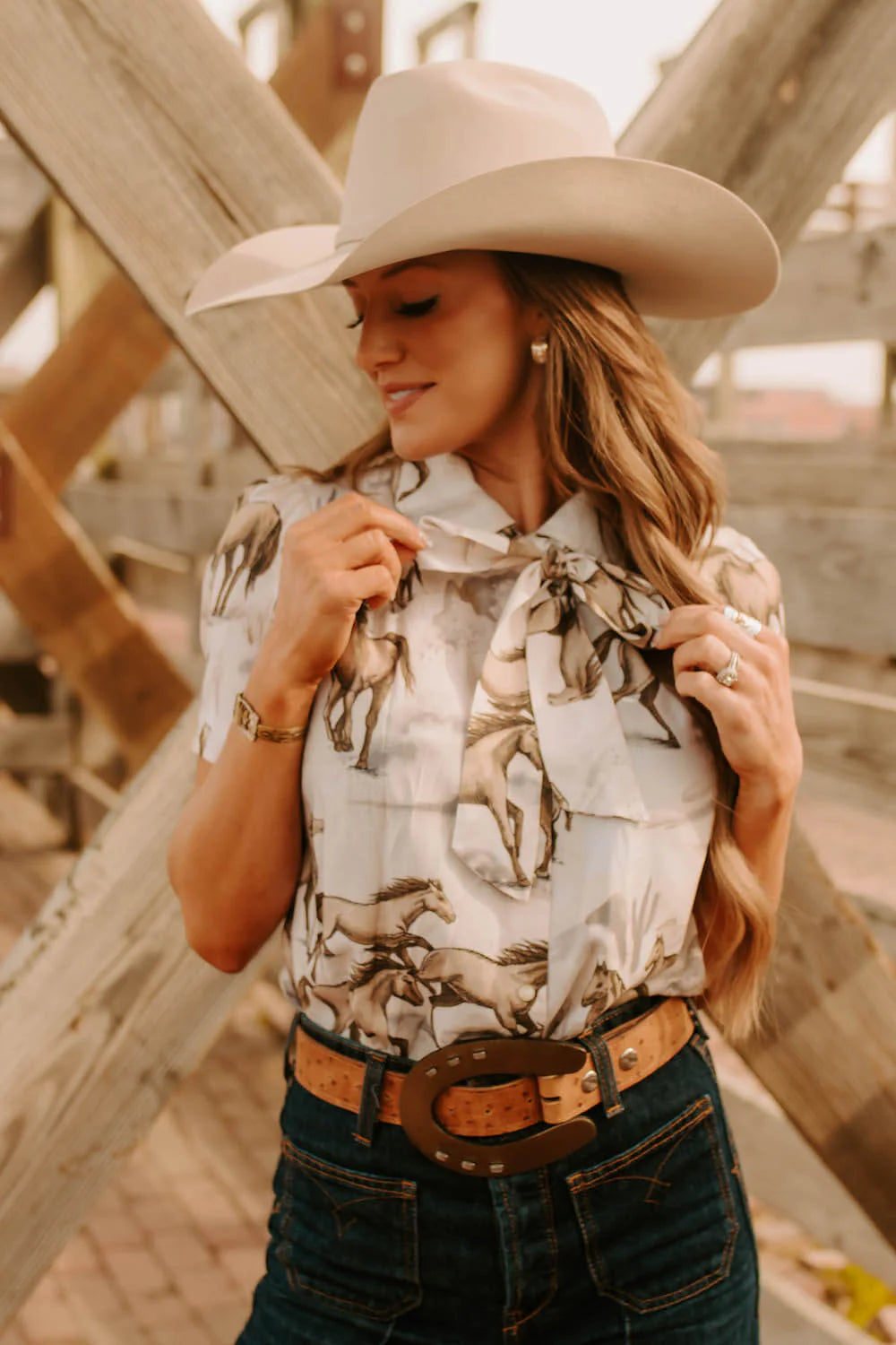 Sand Chantilly Short Sleeve Bow Tie Top