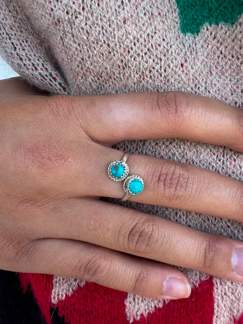 Dainty Adjustable Duo Round Turquoise Ring