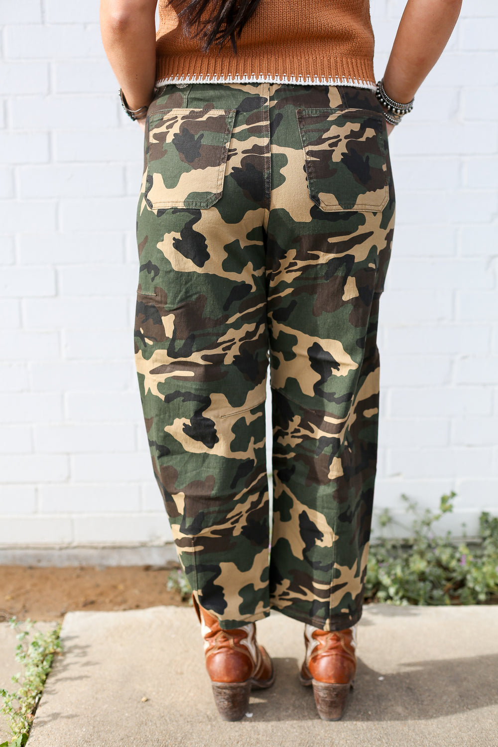 Dark Camo Mid Rise Relaxed Barrel Leg Pants