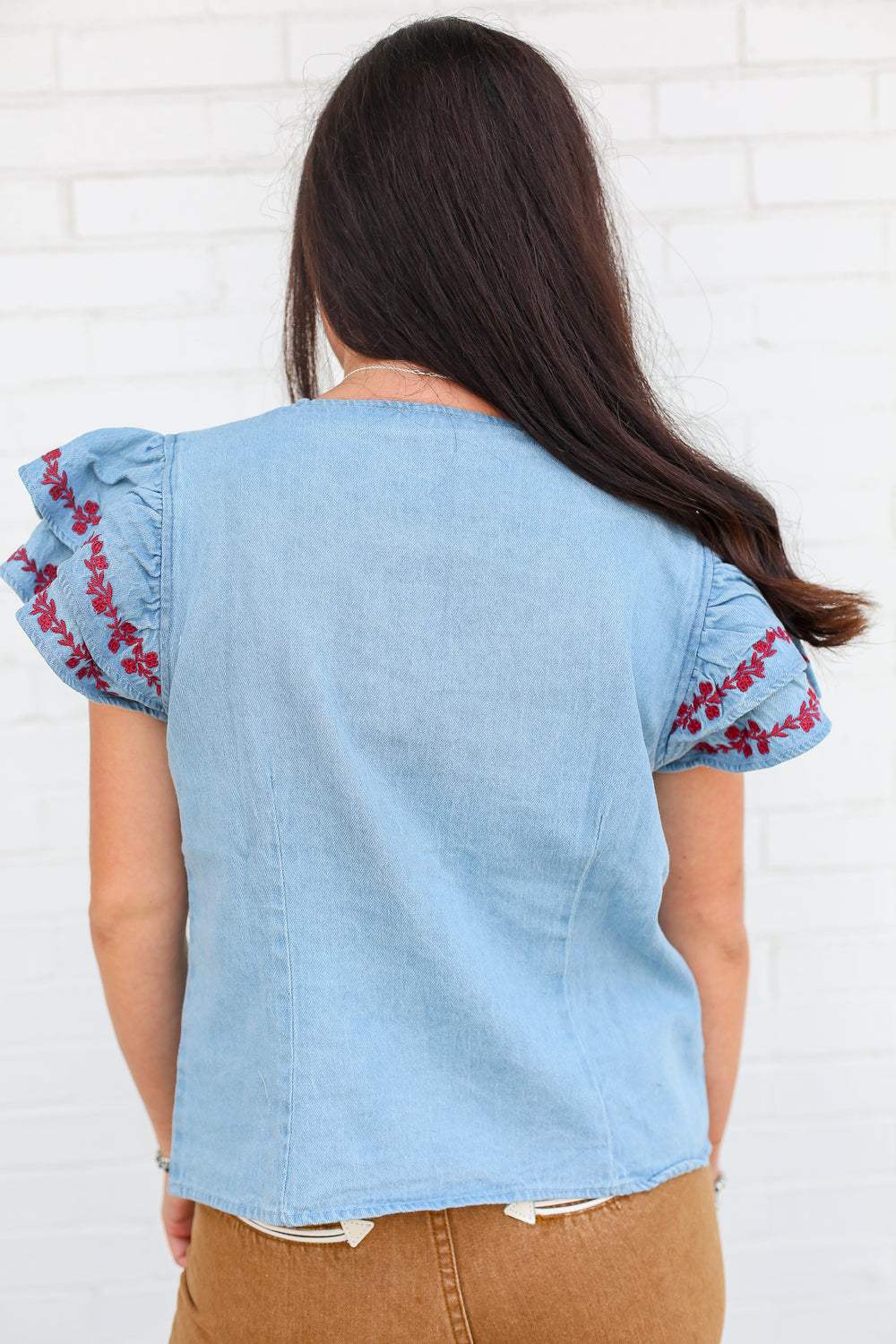 Denim Embroidered Ruffle Sleeve Karley Button Down