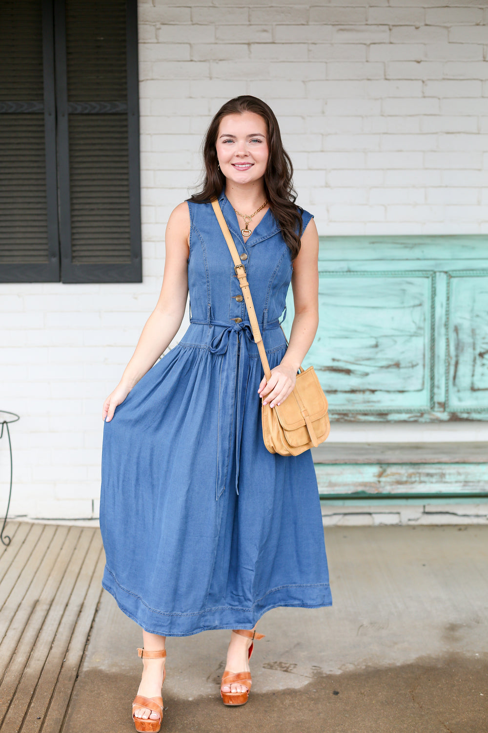 Denim Notch Collared Midi Dress