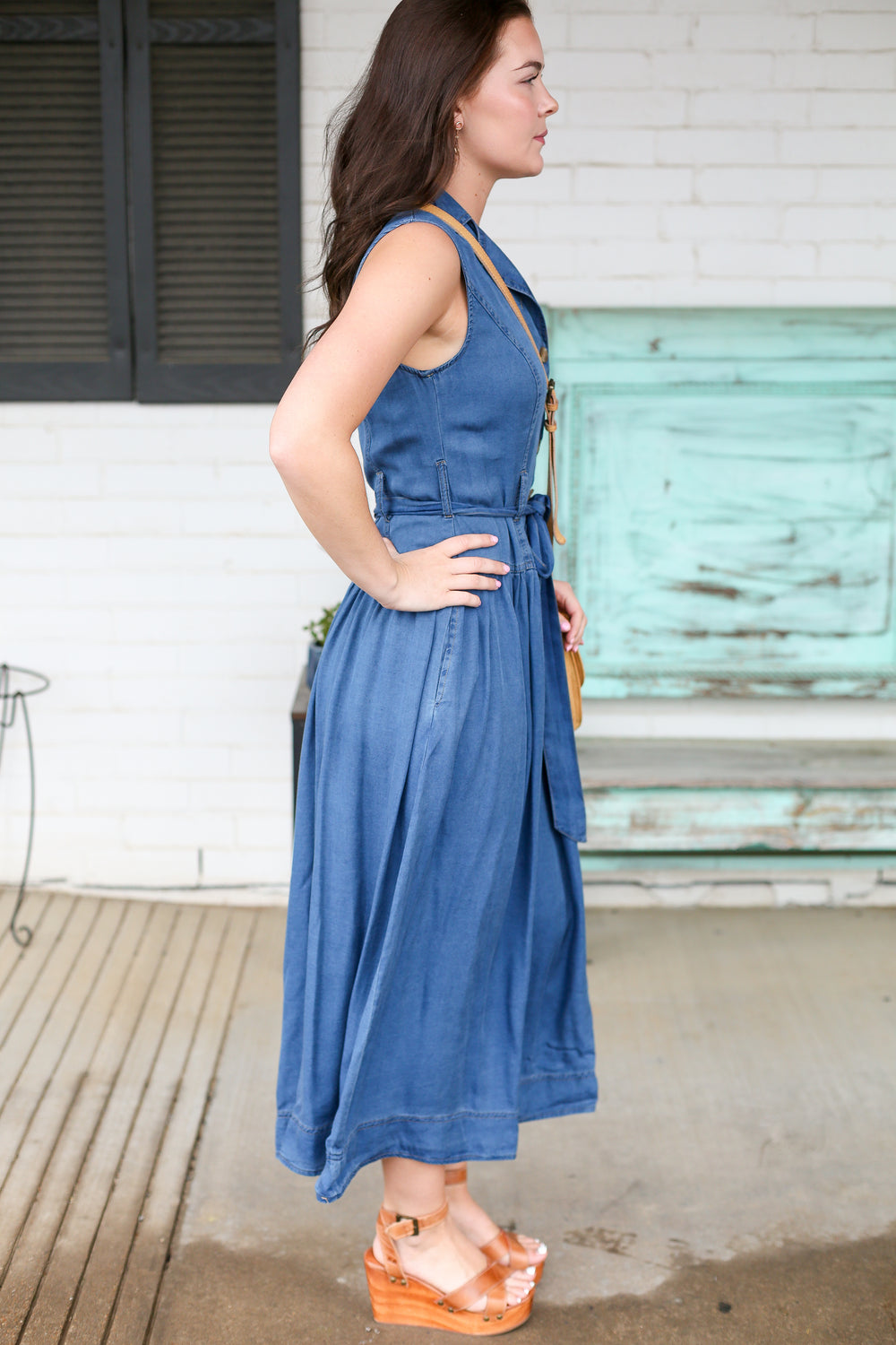 Denim Notch Collared Midi Dress