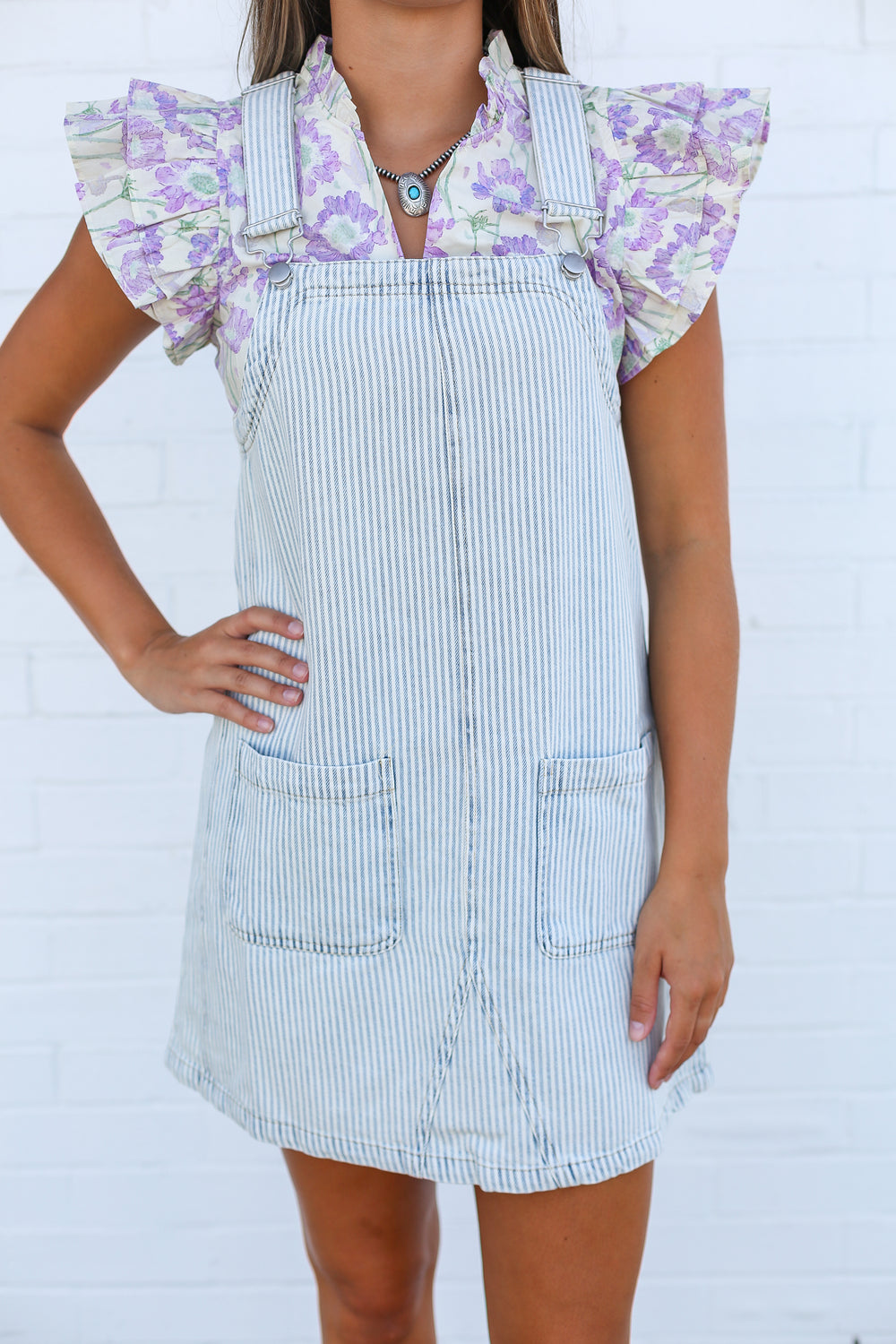 Denim Pinstripe Overall Mini Dress