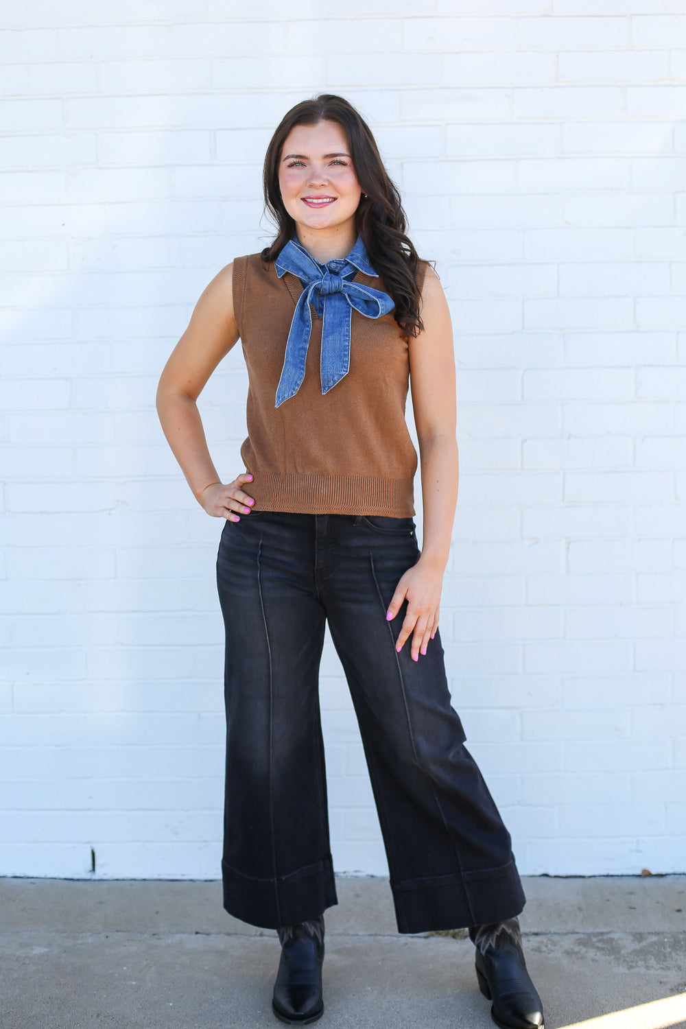 Denim Tie Neck Sleeveless Coco Knitted Top