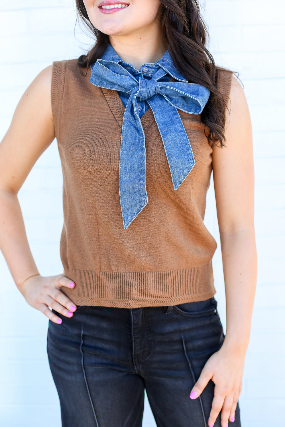 Denim Tie Neck Sleeveless Coco Knitted Top