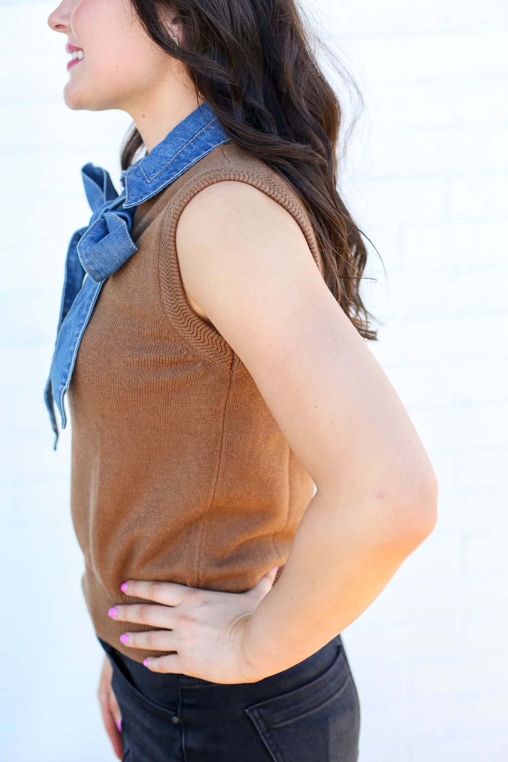 Denim Tie Neck Sleeveless Coco Knitted Top