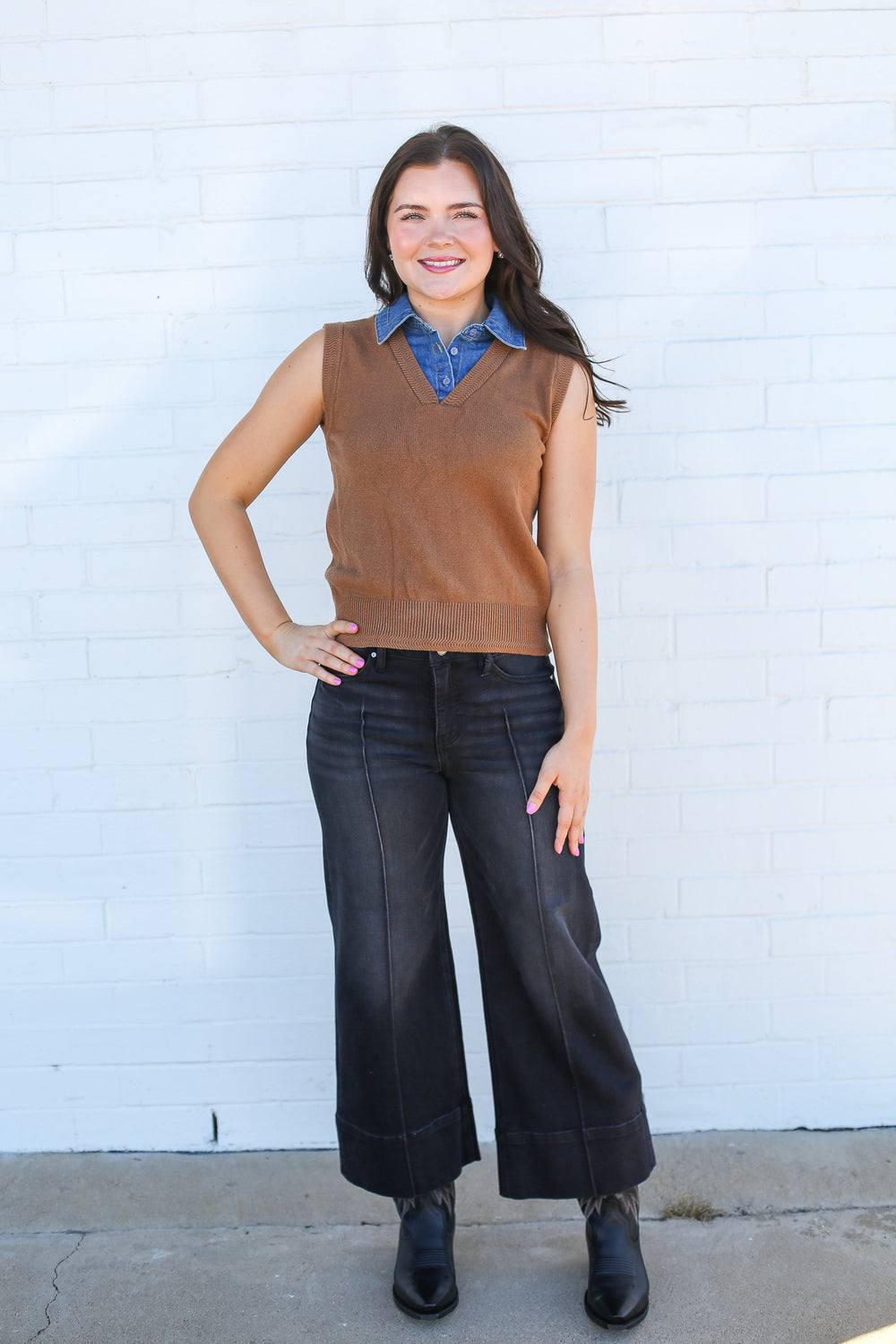 Denim Tie Neck Sleeveless Coco Knitted Top