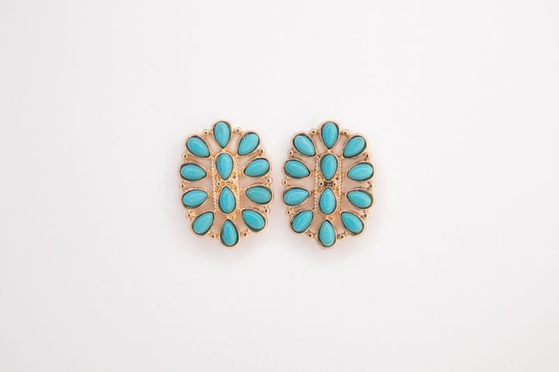 1.25"" Turquoise and Gold Oval Cluster Post Earring