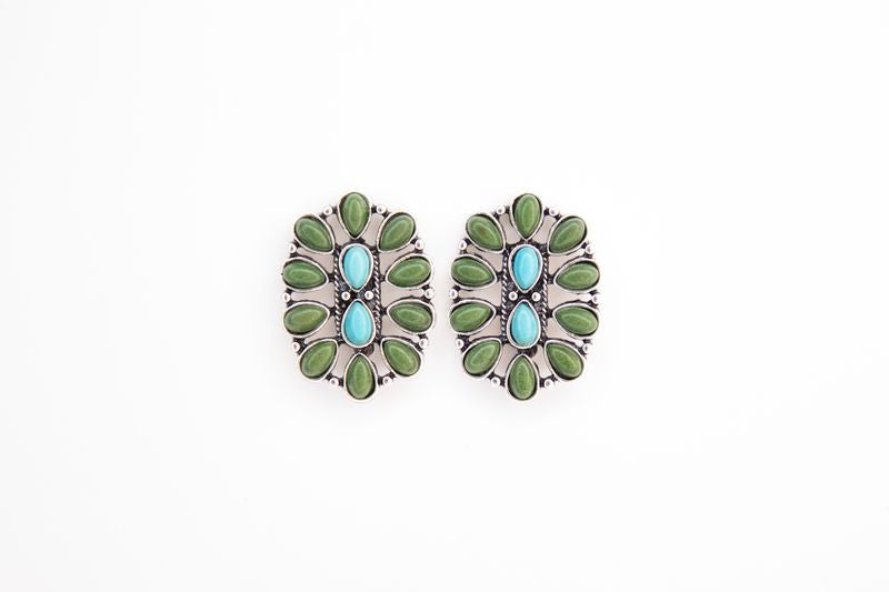 1.25"" Turquoise and Green Oval Cluster Post Earring