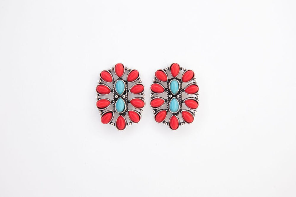 1.25"" Turquoise and Red Oval Cluster Post Earring