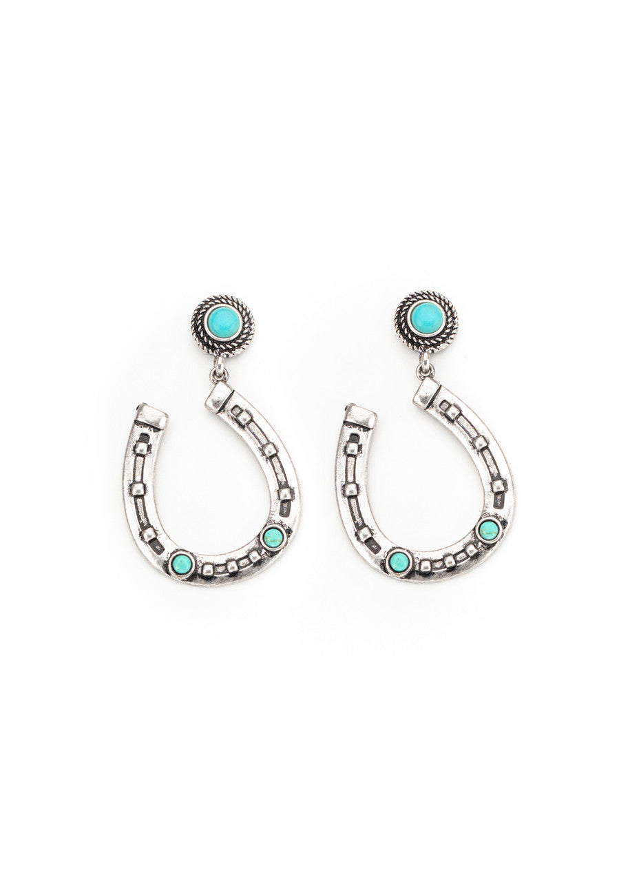 2.5" Burnished Silver and Turquoise Horseshoe Earring