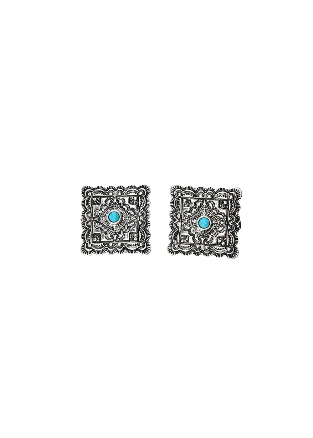 1" Burnished Silver Square Stamped Post Earrings with Turquoise Accent