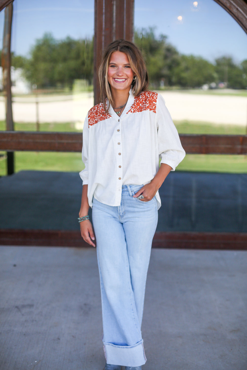 Embroidered Floral Burnt Orange Linen Blouse