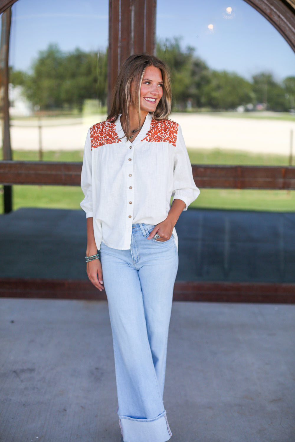 Embroidered Floral Burnt Orange Linen Blouse