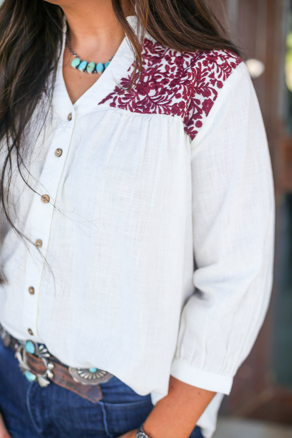 Embroidered Floral Maroon Linen Blouse