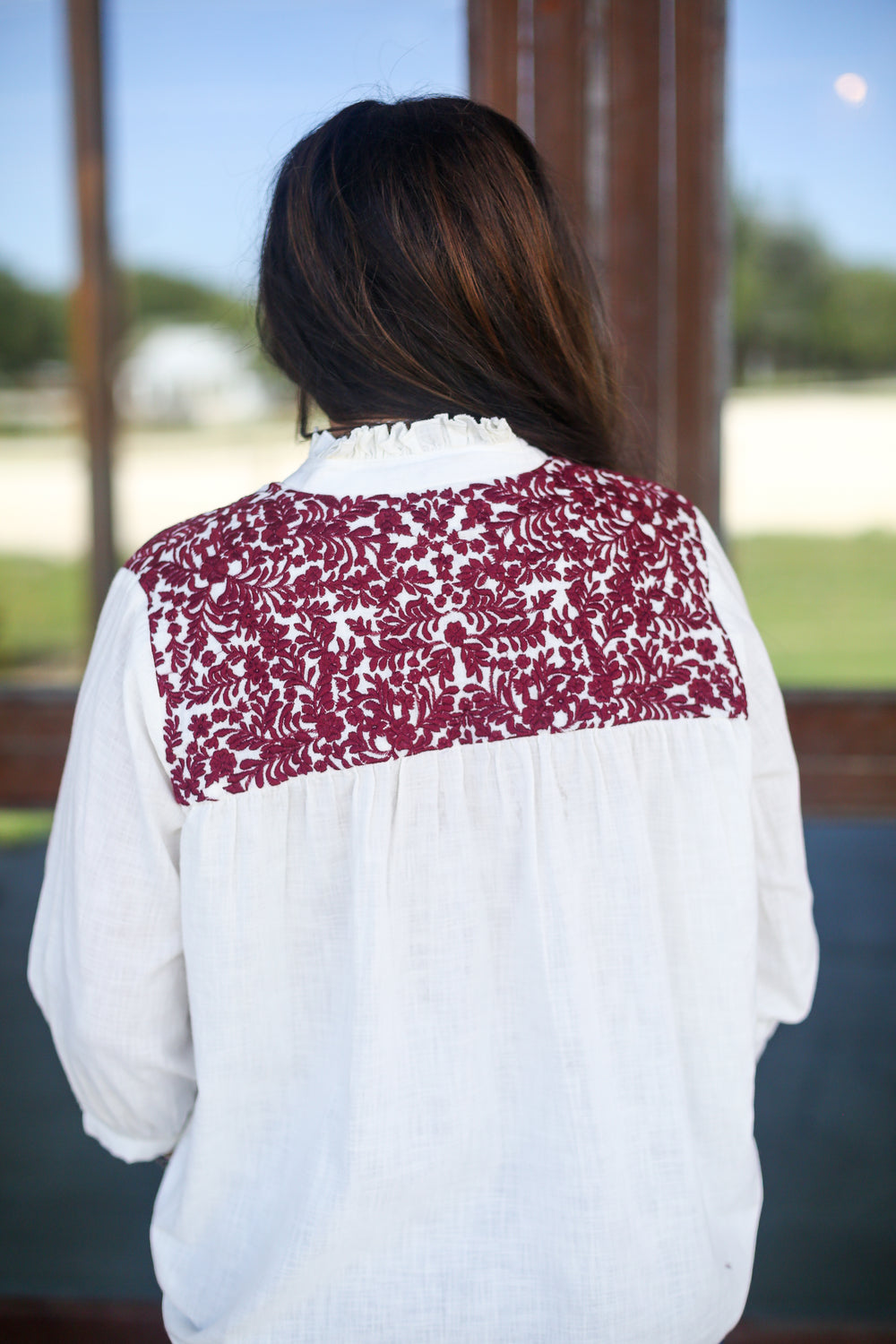 Embroidered Floral Maroon Linen Blouse