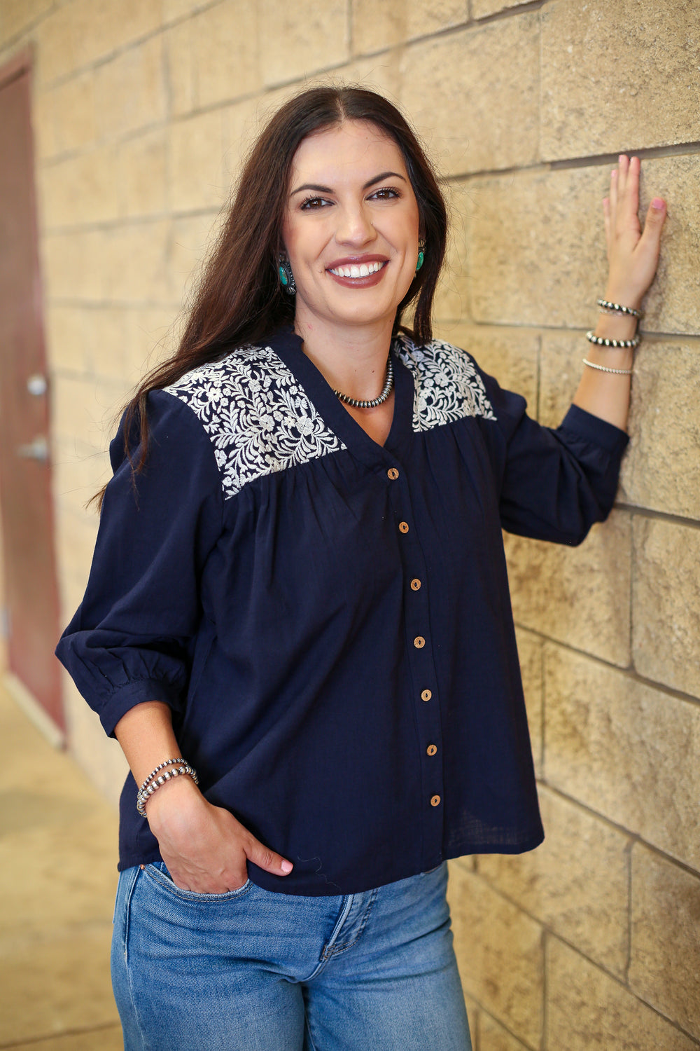 Embroidered Floral Navy Linen Blouse
