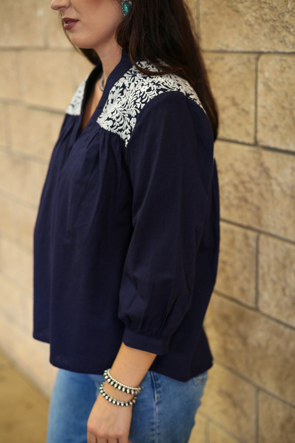 Embroidered Floral Navy Linen Blouse