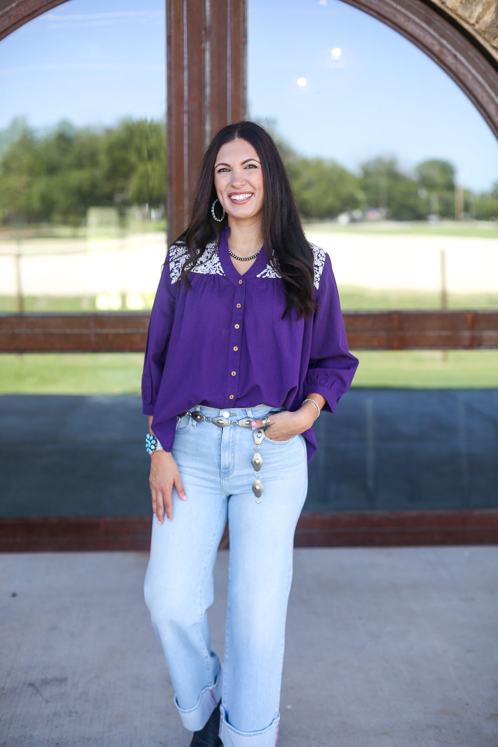 Embroidered Floral Purple Linen Blouse