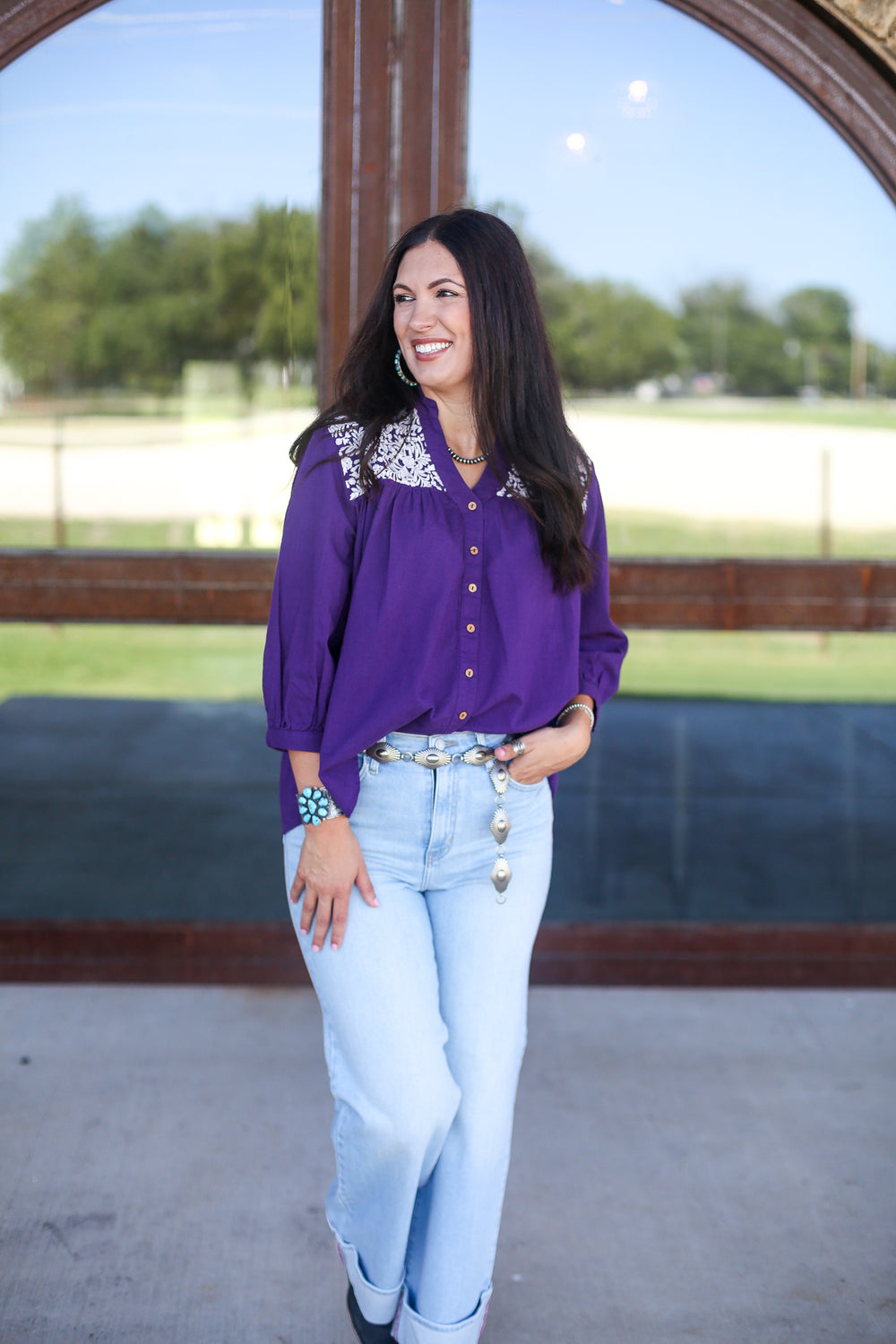 Embroidered Floral Purple Linen Blouse