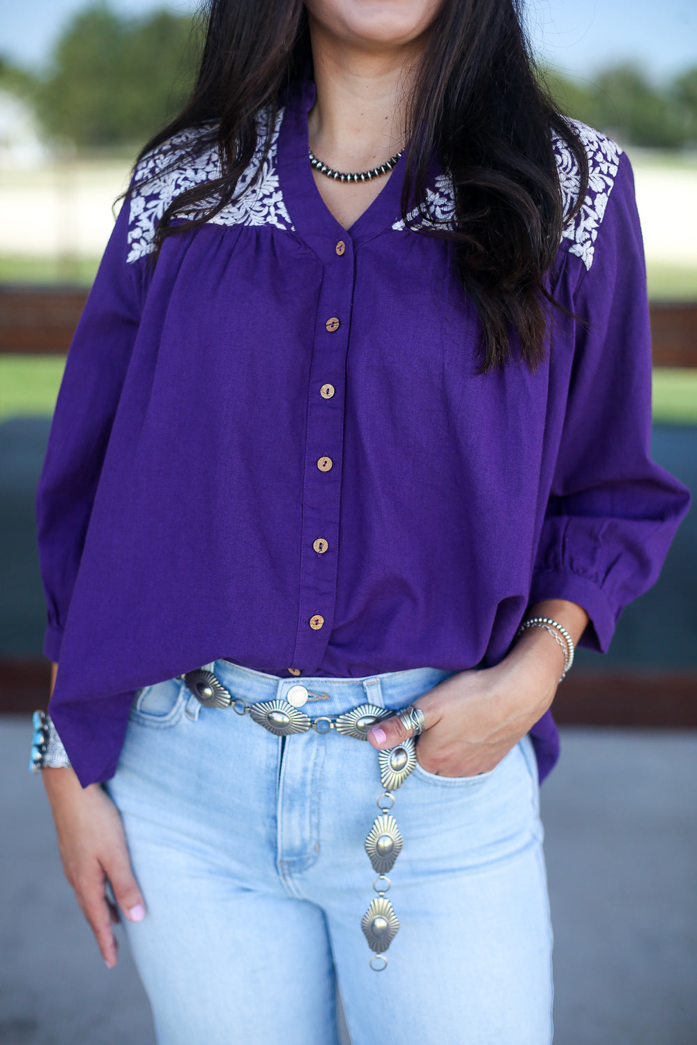 Embroidered Floral Purple Linen Blouse