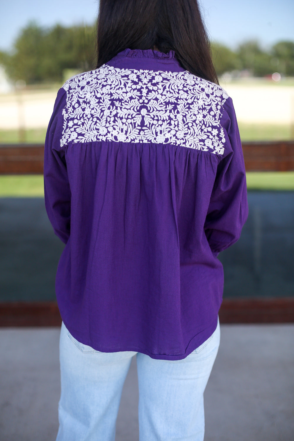 Embroidered Floral Purple Linen Blouse