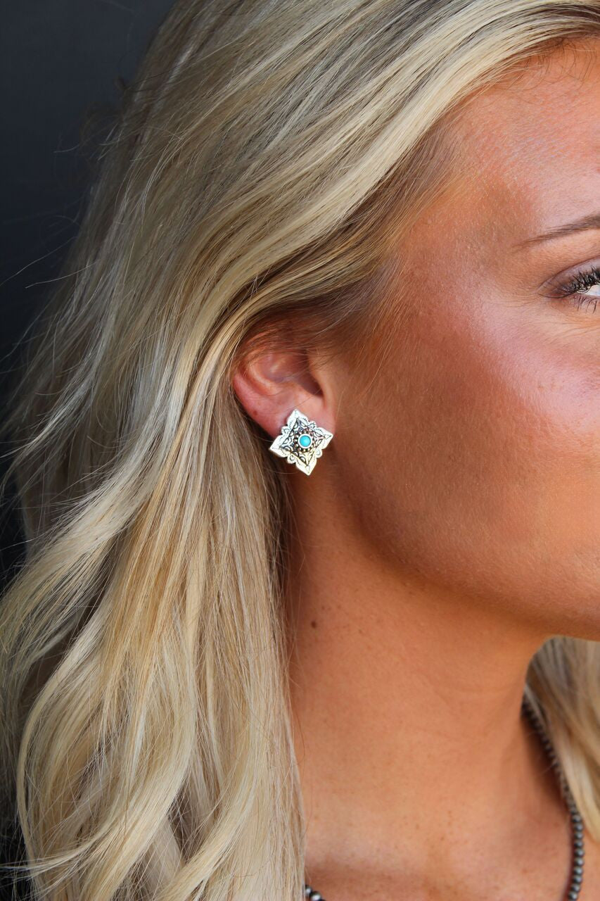 Burnished Silver Square Concho Stud Earrings with Turquoise Accent