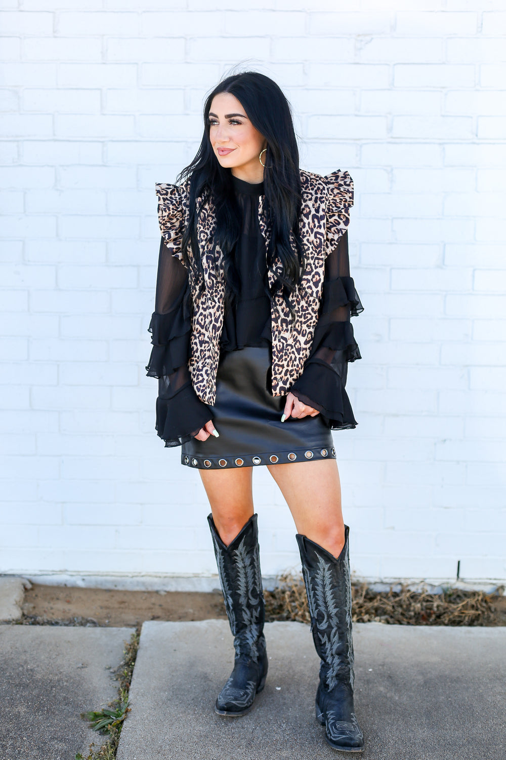 Eyelet Black Leather Mini Skirt