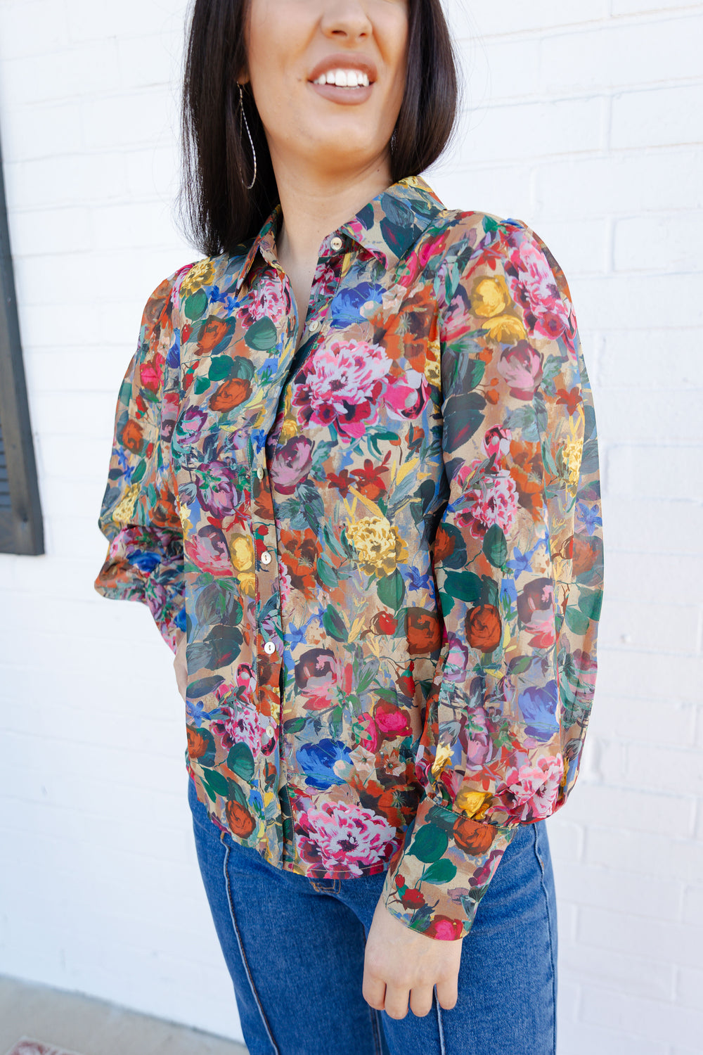 Floral Puff Sleeve Button Down