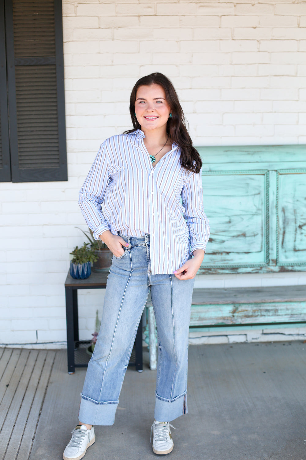 Galina Relaxed Fit Long Sleeve Campus Blue Stripe Button Up