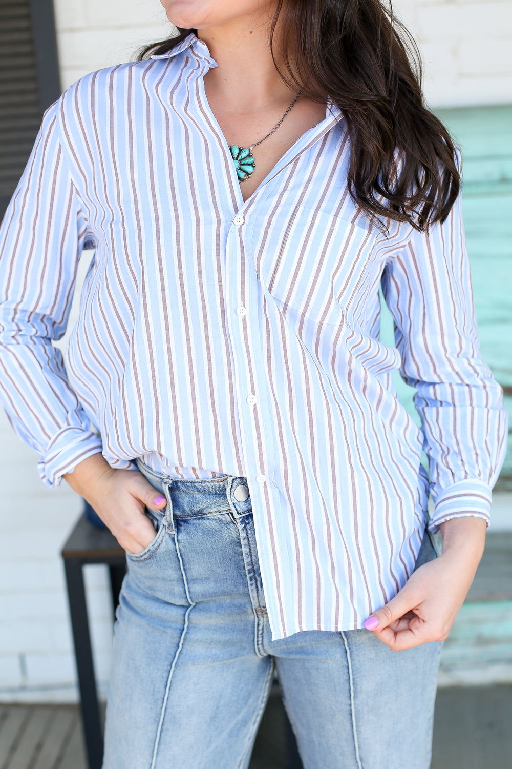 Galina Relaxed Fit Long Sleeve Campus Blue Stripe Button Up