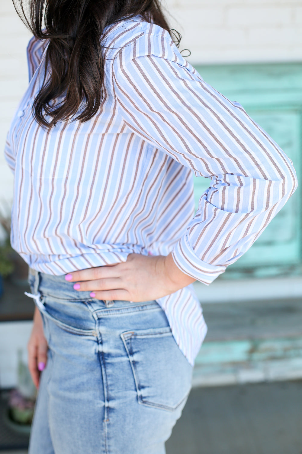 Galina Relaxed Fit Long Sleeve Campus Blue Stripe Button Up