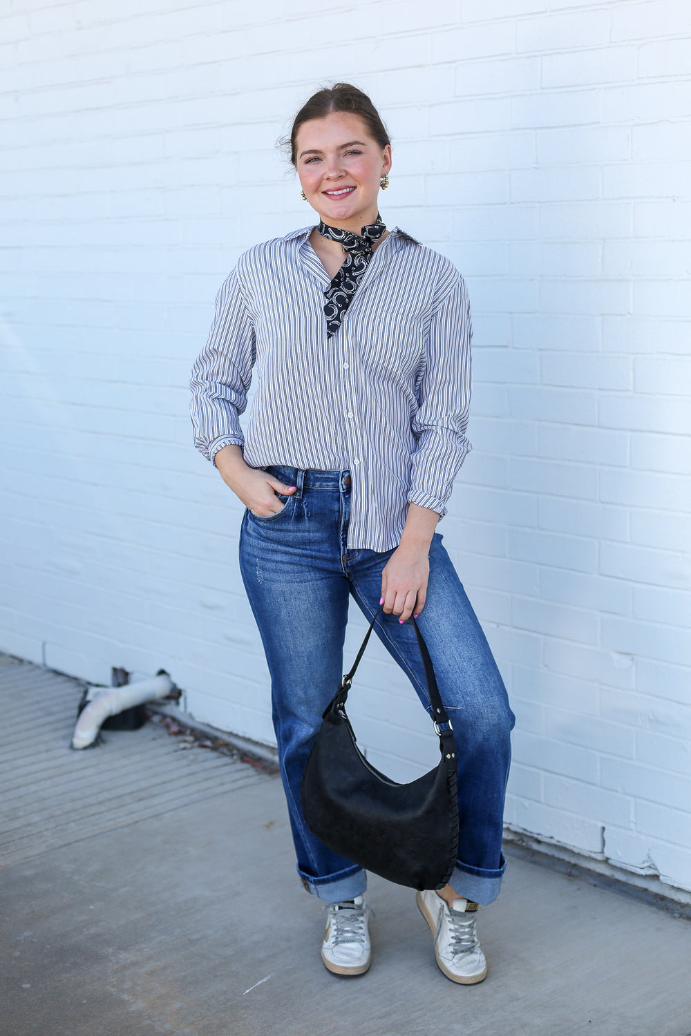 Galina Relaxed Fit Long Sleeve Charcoal Stripe Button Up