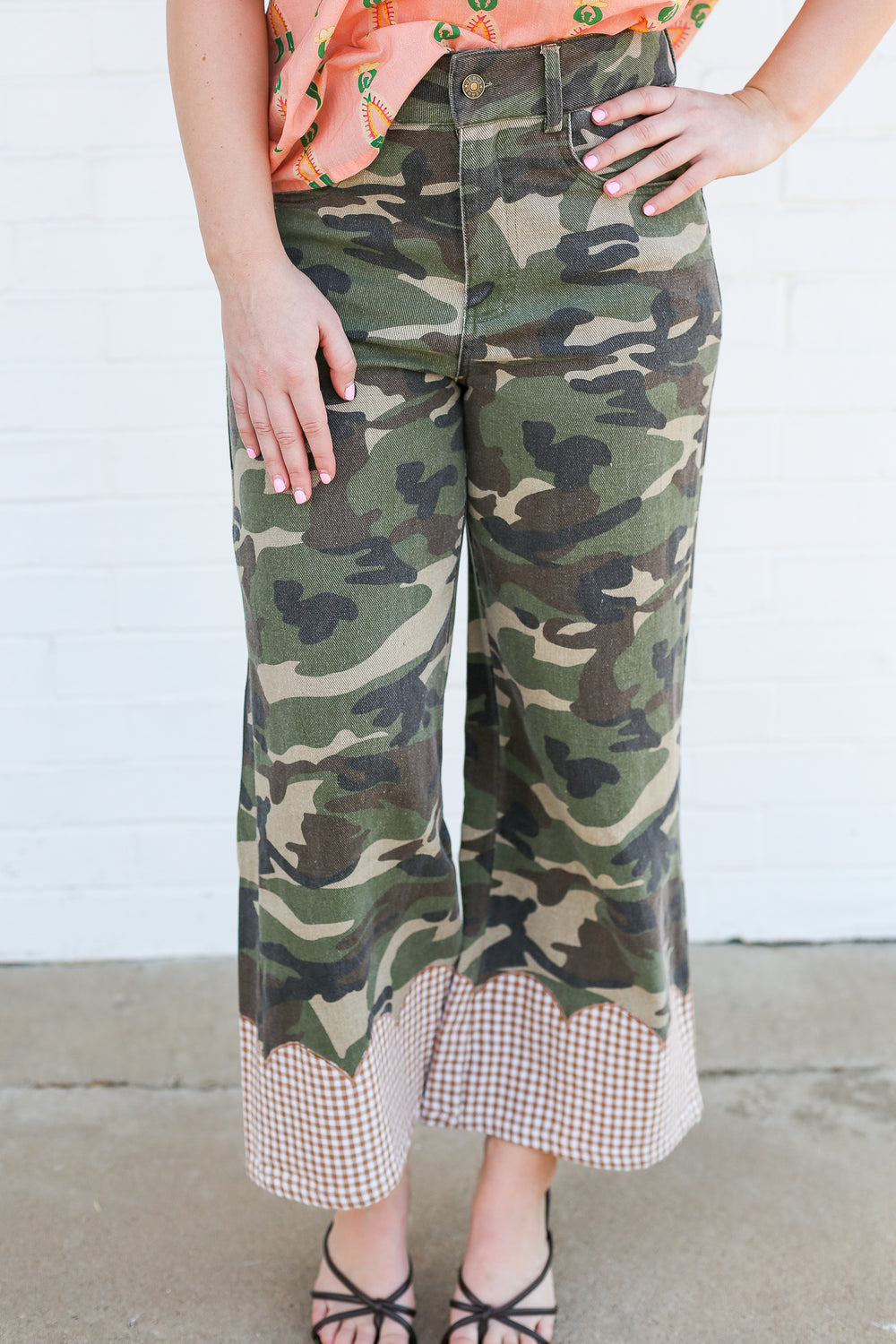 Gingham Scalloped Camo Wide Leg Pants