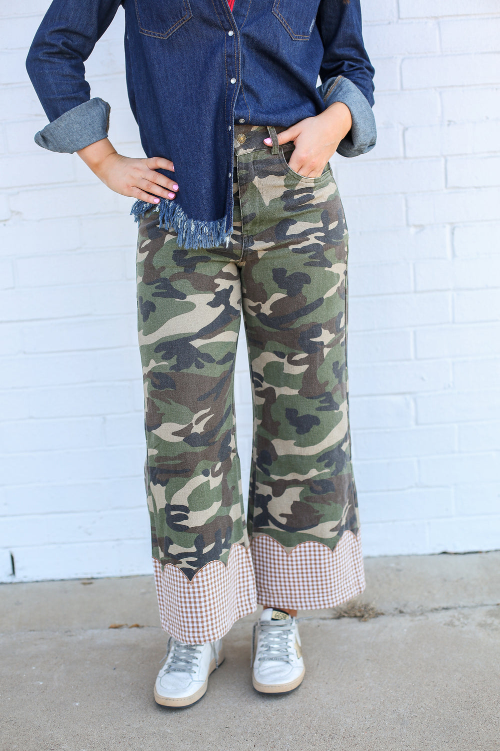 Gingham Scalloped Camo Wide Leg Pants