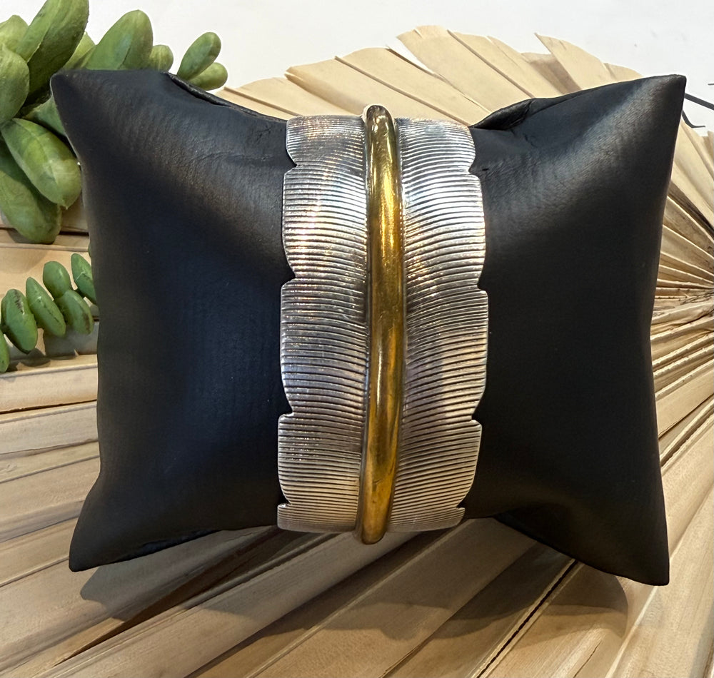 Glen Livingston Navajo Sterling Silver and Gold Feather Cuff