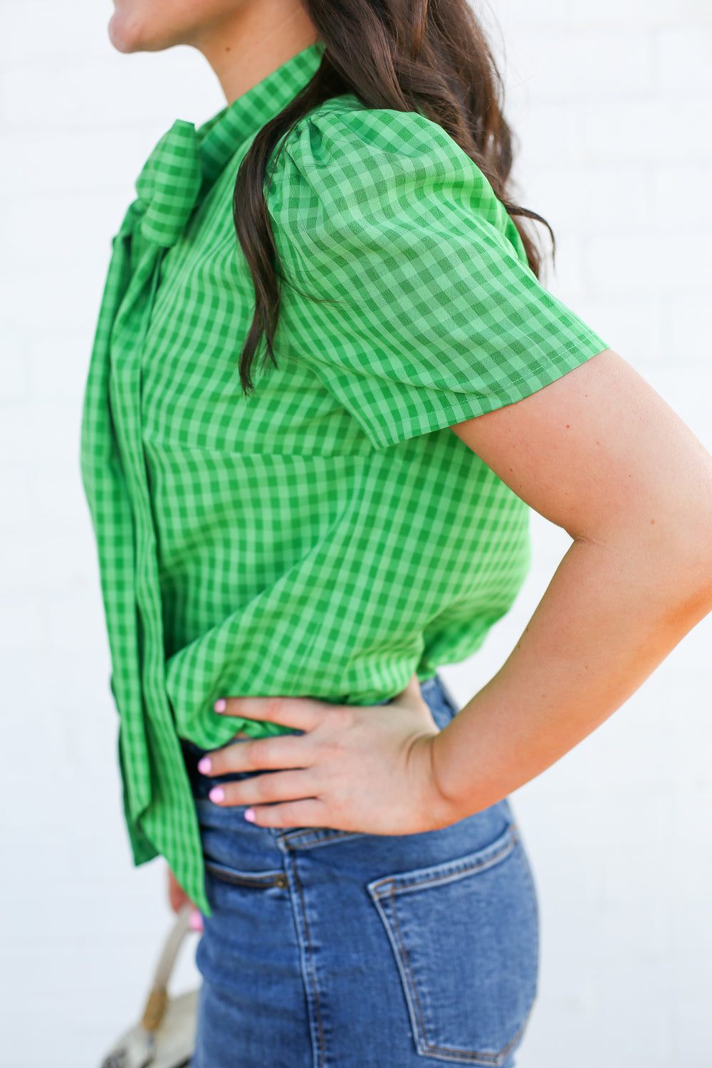 Green Gingham Short Sleeve Tie Top