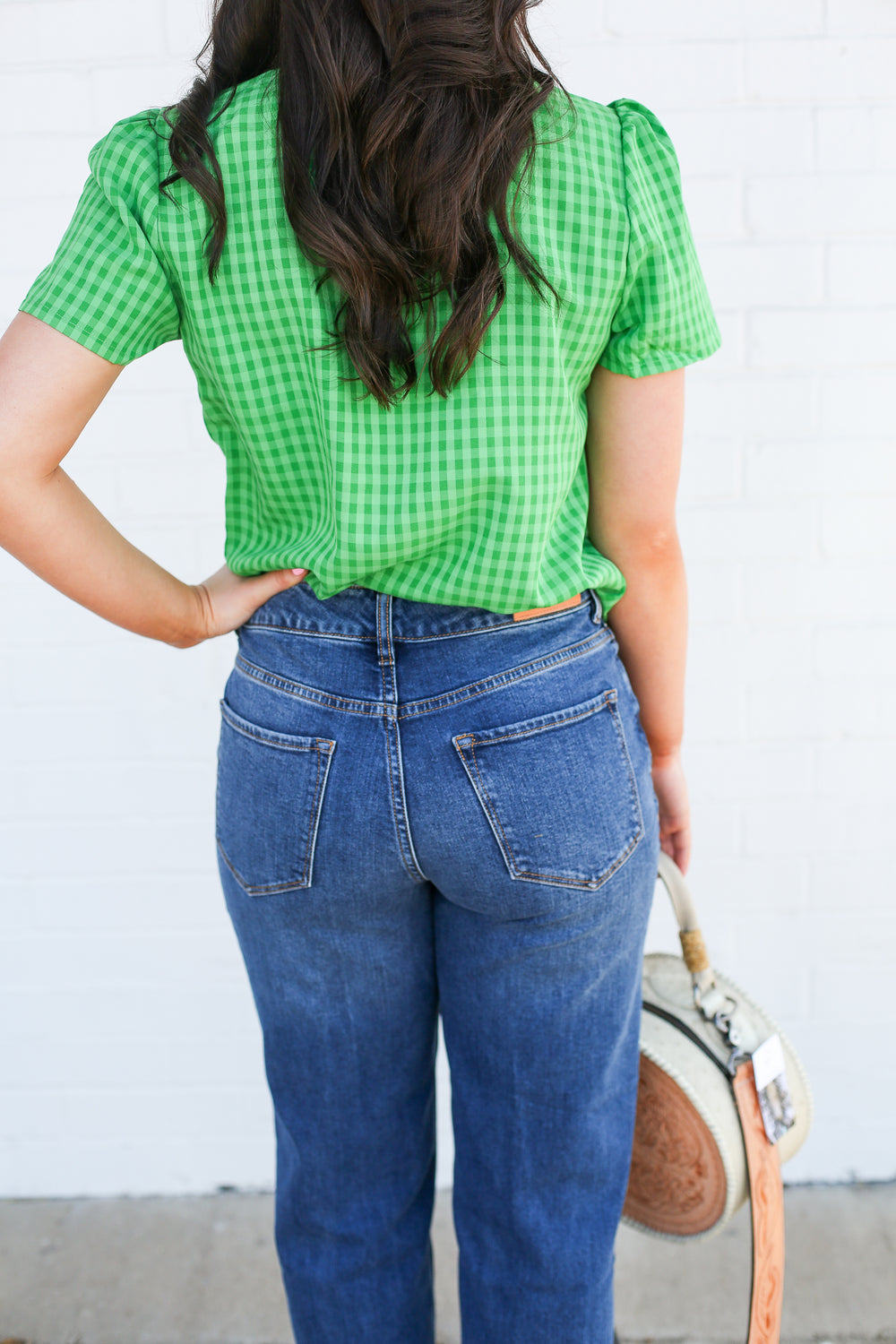 Green Gingham Short Sleeve Tie Top
