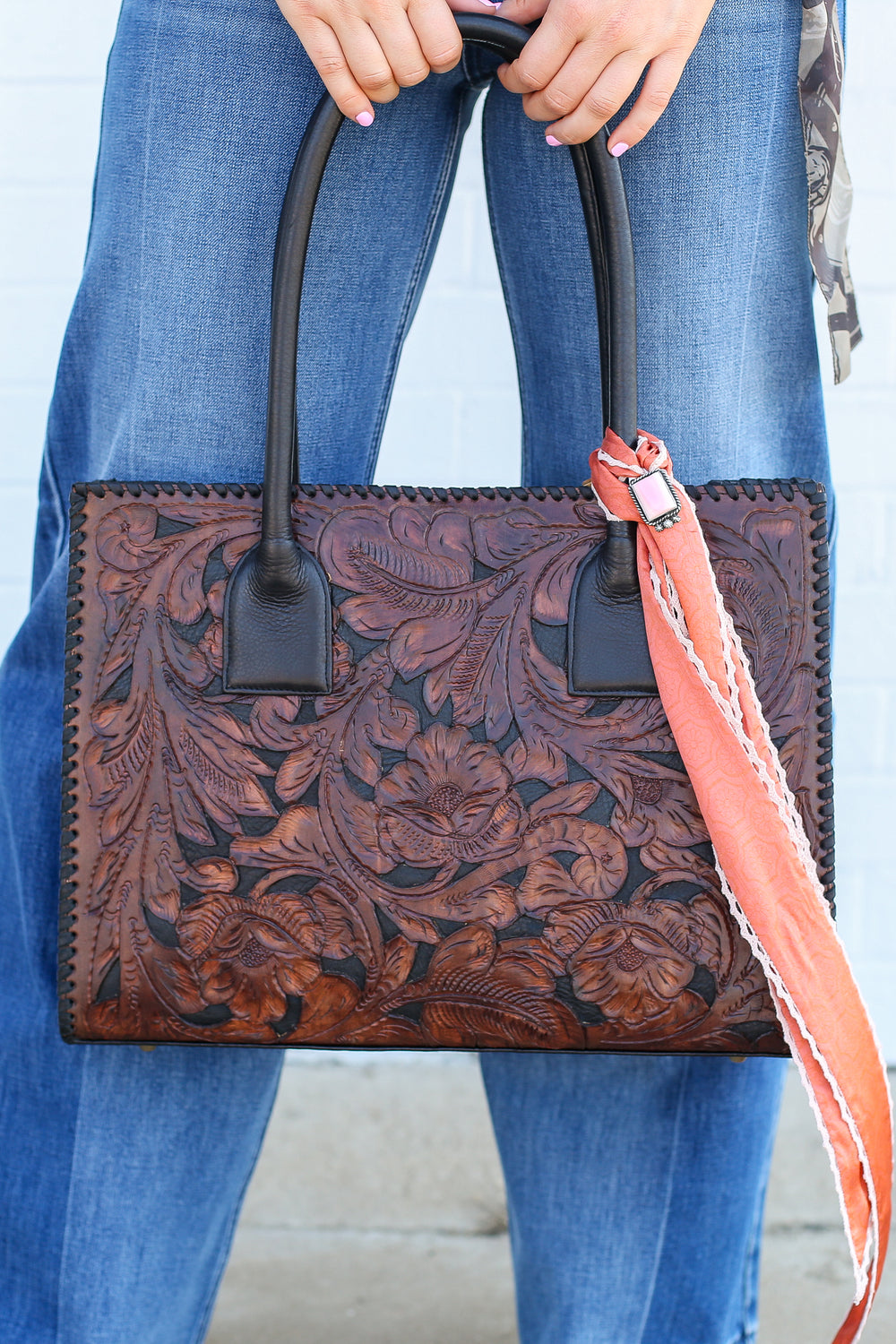 Hawley Tooled Brown with Black Inlay Purse
